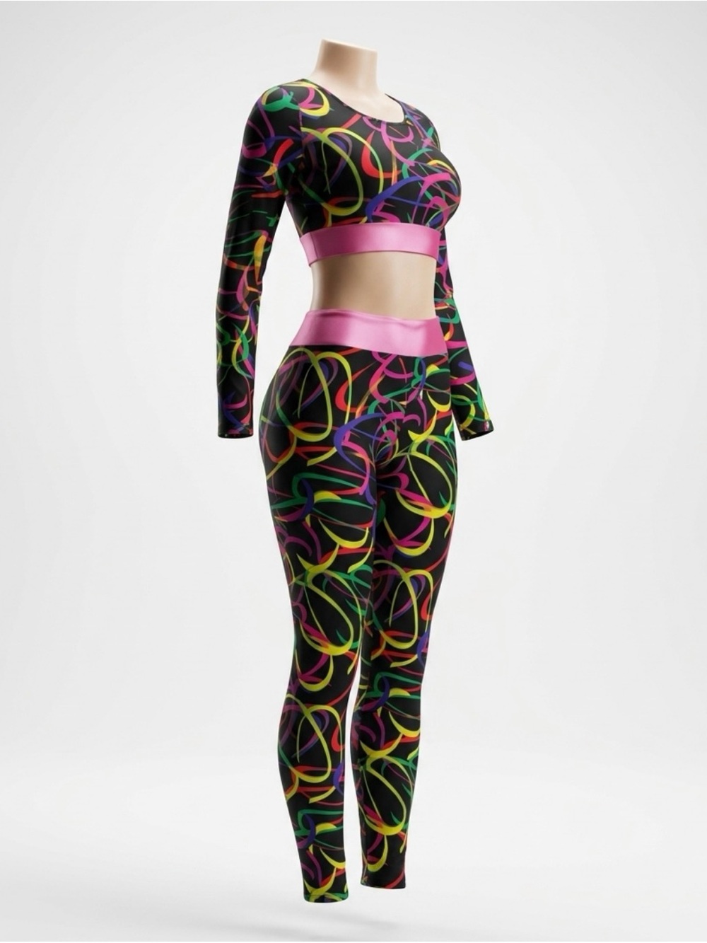 Women’s Multicolor Printed High-Waist Leggings & Crop Top Set - Pink Band